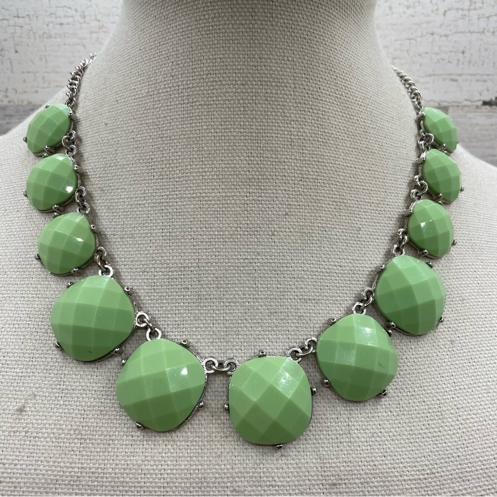 Charming Charlie Green Lucite Silver Tone Statement Bib Cute Necklace